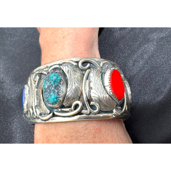 Large Southwestern Cuff Bracelet Nickel Silver Multi Stones Turquoise Chunky Vtg - Picture 1 of 12
